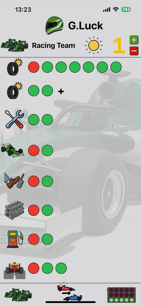 FormulaDE - Digital cockpit interface of the FormulaDE app showing vehicle wear points and racing status for a board game driver