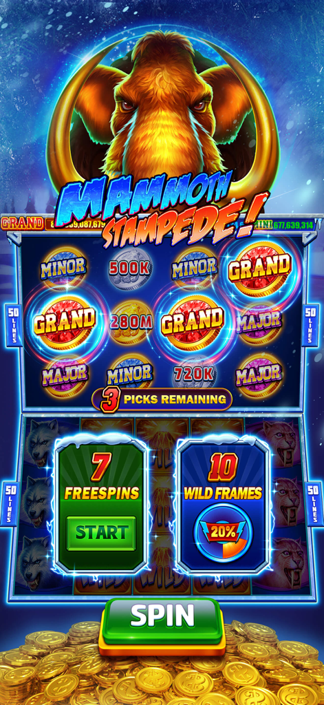 Mammoth Stampede slot machine game interface in Golden Casino app