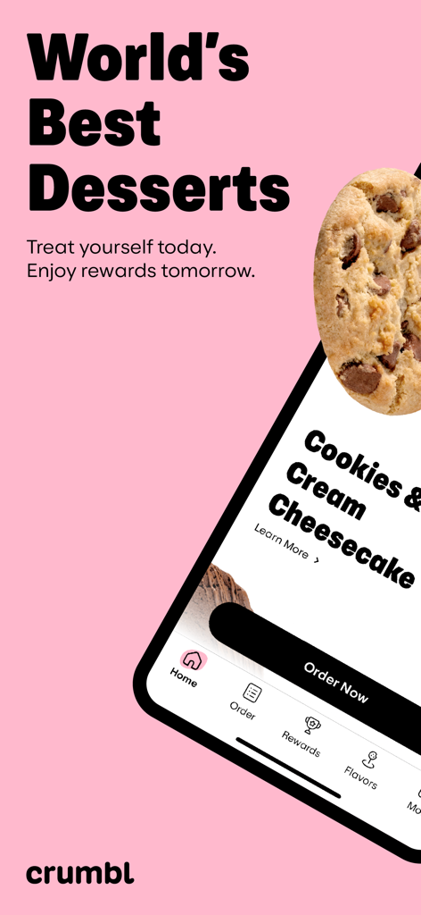 Crumbl app interface featuring a cookies and cream cheesecake cookie with rewards information on a pink background