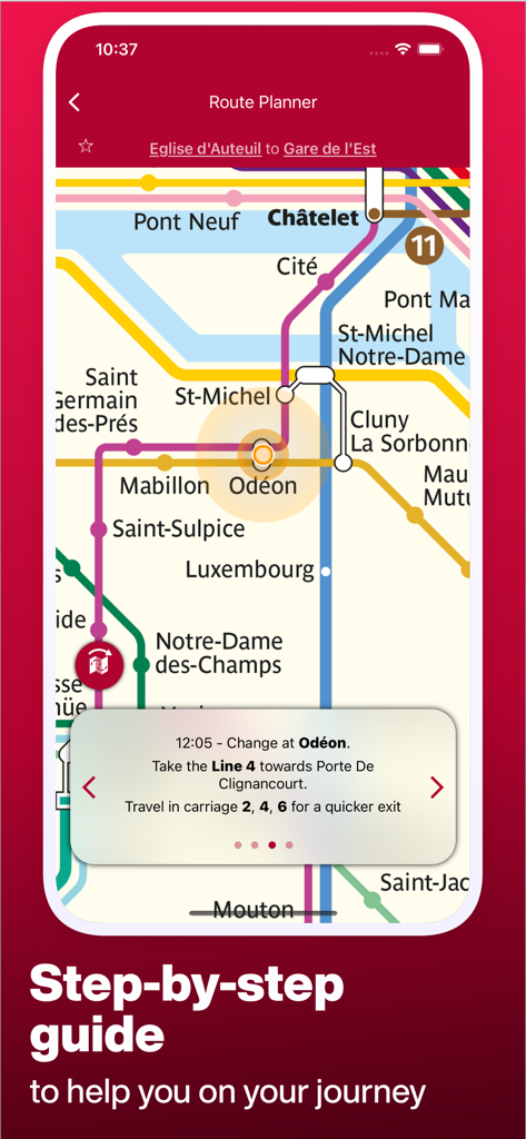 A mobile app screenshot showing a step-by-step route guide on a Paris Metro map including specific carriage exit information.