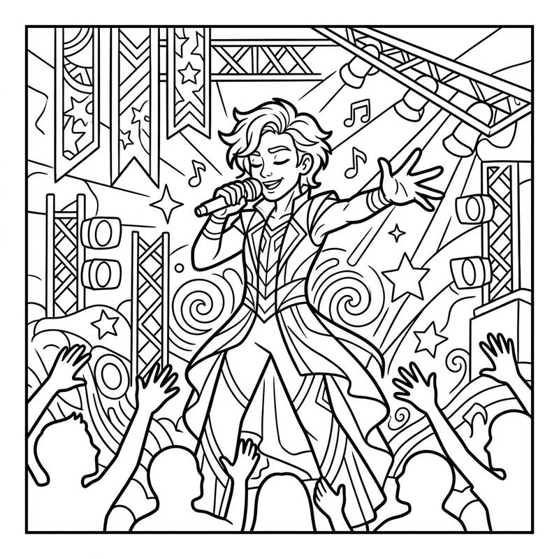Capture the electrifying energy of a live concert with this vibrant coloring page featuring a captivating performer. Imagine the music and lights as you add your own creative flair to this exciting stage scene.