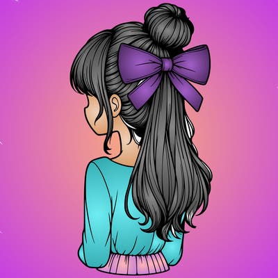 realistic girl  with hip length hair a bun and a big bow on the back of head