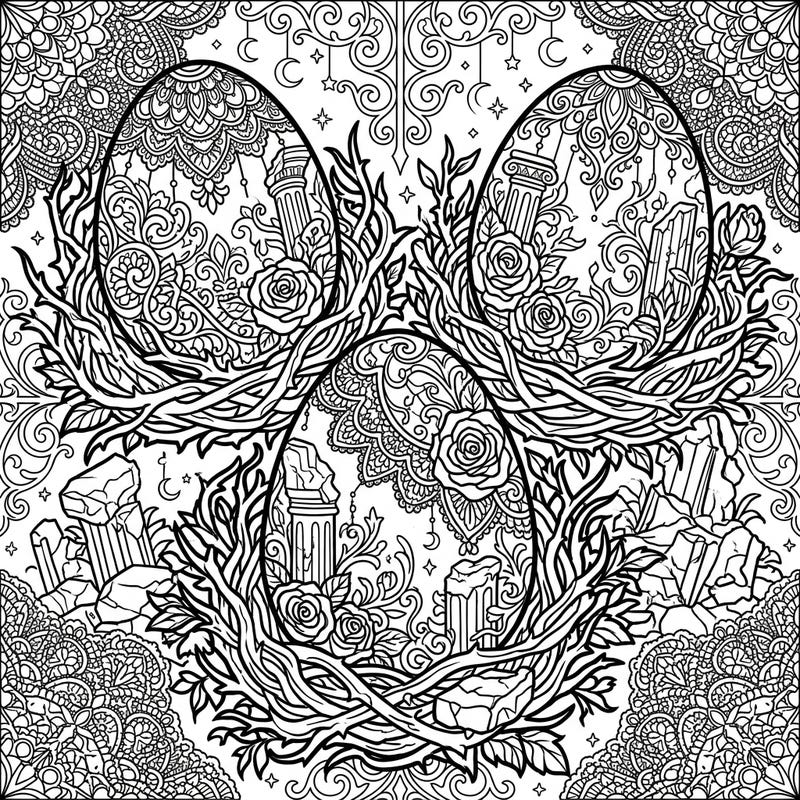 Journey to a world where ancient history meets dark fantasy with this stunning gothic dinosaur eggs coloring page. Dive into intricate details of ornate roots, forgotten relics, and mysterious eggs awaiting your artistic touch.