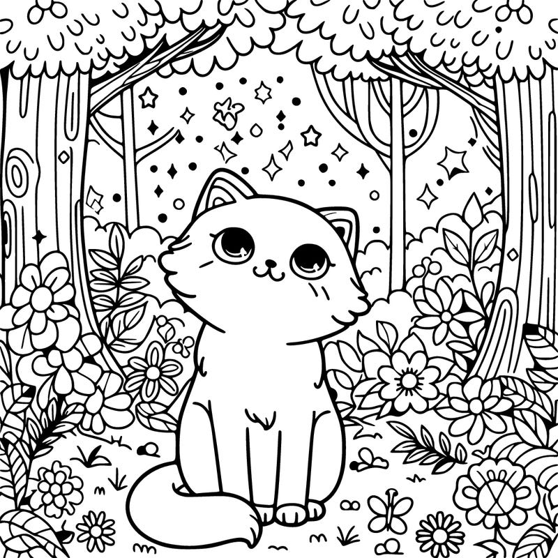 a cat in a magical forest with flowers