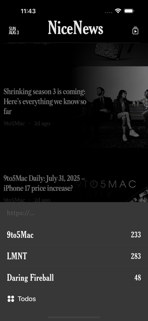 NiceNews RSS-Reader-App-Oberfläche mit Nachrichtenartikeln und Feed-Kategorien im Dark-Mode