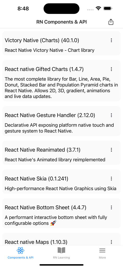 Screen showing a collection of React Native and Expo components and APIs including charts and gesture handlers.
