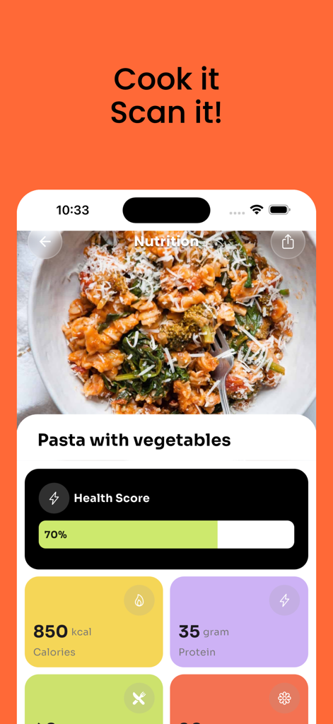 AtlasFit app interface showing a scanned meal of pasta with vegetables including calories and protein tracking