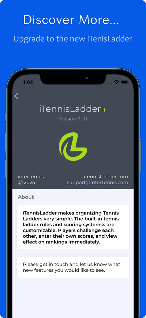 Sección "Acerca de" de la aplicación iTennisLadder que muestra funciones para organizar ligas de tenis y ver rankings