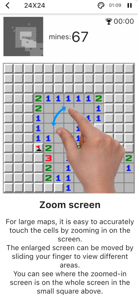 Minesweeper - Classical Game - Minesweeper mobile game interface showing a pinch to zoom gesture on a grid