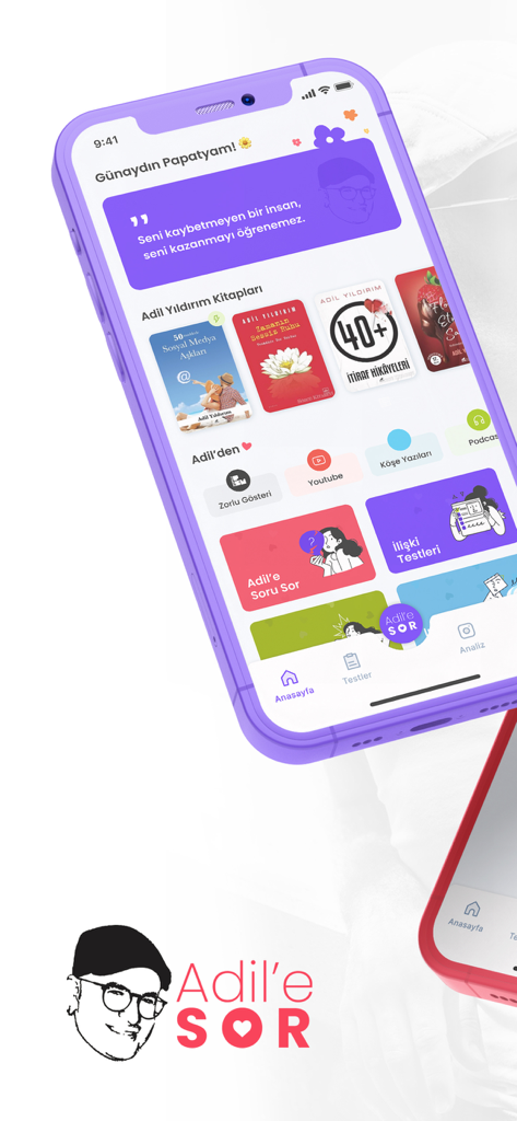 Adil'e Sor mobile app interface showing relationship coaching categories and tests