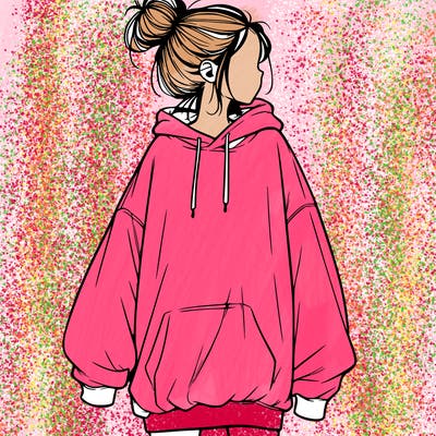 realistic girl with a oversized sweatshirt on and a bun