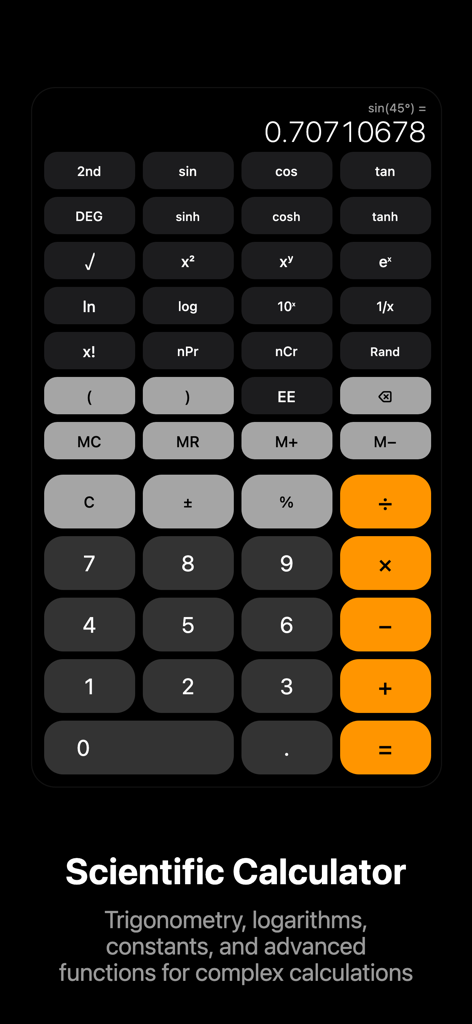 Calculator: Scientific+Finance - A scientific calculator screen with advanced mathematical functions including trigonometry and logarithms in a dark mode interface