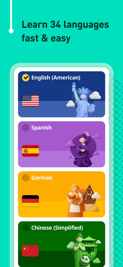 FunEasyLearn app screen showing a list of 34 available languages to learn with illustrative icons