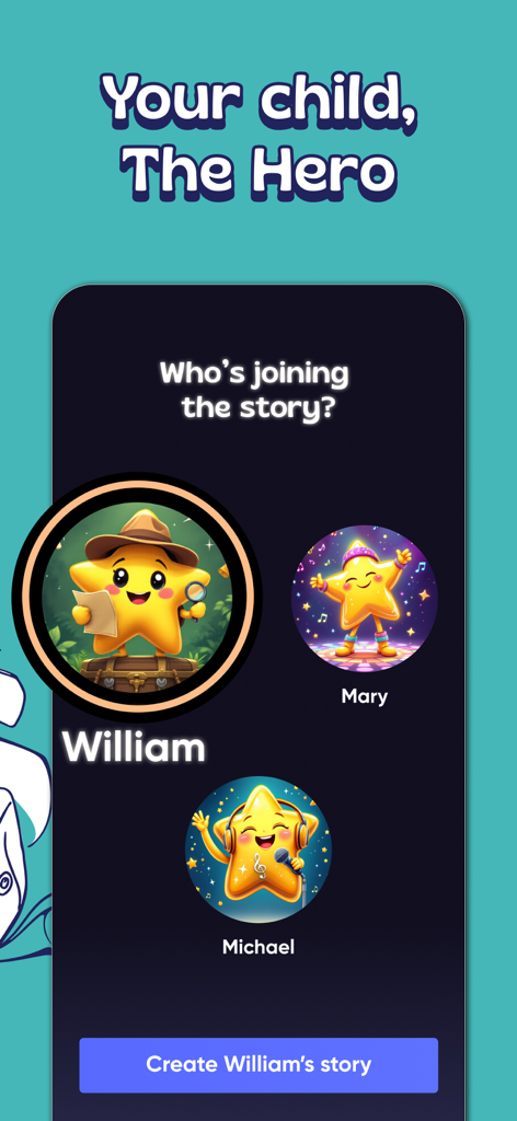 Boon - Stories for Kids - Boonアプリのインターフェース。インタラクティブオーディオストーリー用のパーソナライズされた子供のプロフィールが表示されています。