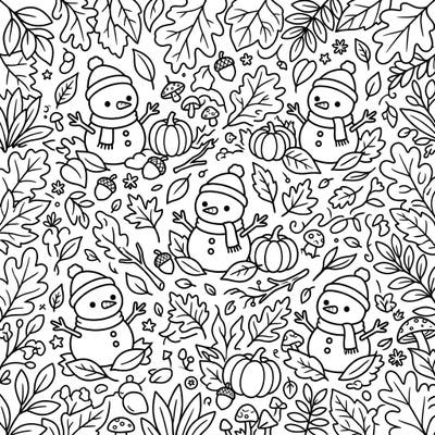 Embrace the unique charm of autumn with our delightful coloring page featuring miniature snowmen. Explore a whimsical fall landscape filled with leaves, pumpkins, and acorns, ready for your creative touch.