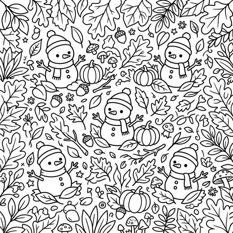 Embrace the unique charm of autumn with our delightful coloring page featuring miniature snowmen. Explore a whimsical fall landscape filled with leaves, pumpkins, and acorns, ready for your creative touch.