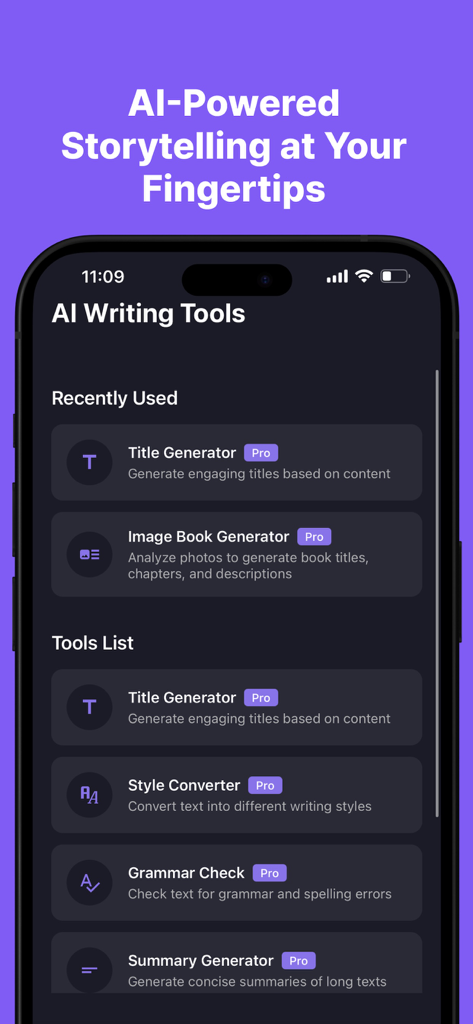 AI Writing Tools screen showing Title Generator and Grammar Check features
