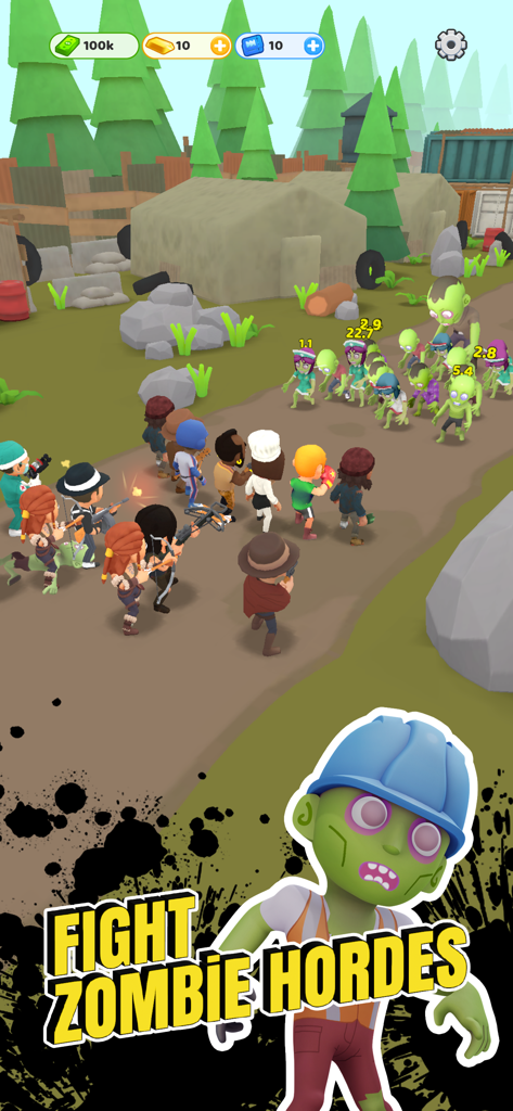 Survivor Idle Run: Z-RPG Game - Un grupo de supervivientes luchando contra una horda de zombis verdes en un entorno de campamento boscoso