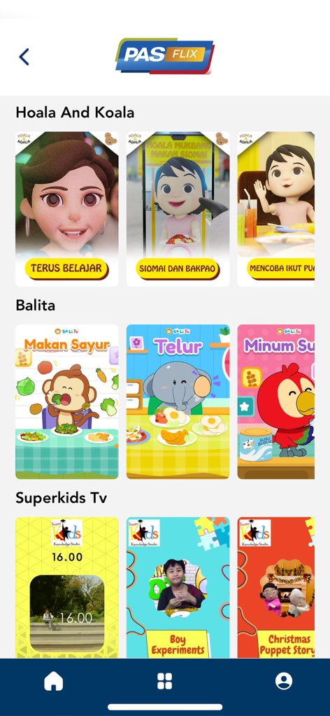 PASFLIX mobile app screen showing kids entertainment categories with animated shows and educational videos