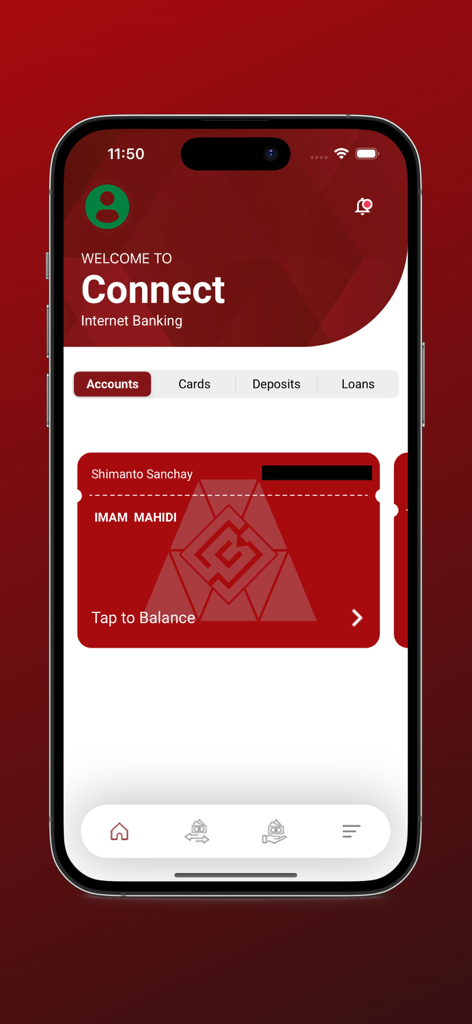 Connect Internet Banking - Panel de la aplicación Connect Internet Banking que muestra detalles de la cuenta y opciones de navegación