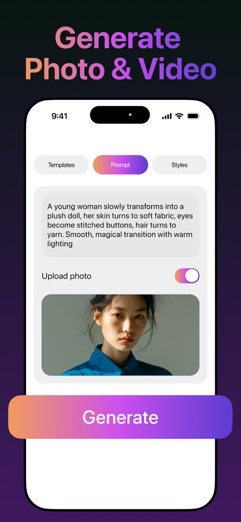 Pixverse - AI Video Effects - Interfaz de la aplicación Pixverse mostrando la generación de video IA a partir de un prompt de texto y una foto.