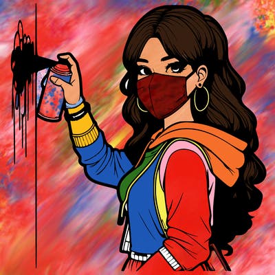 realistic girl with mask spray painting a wall