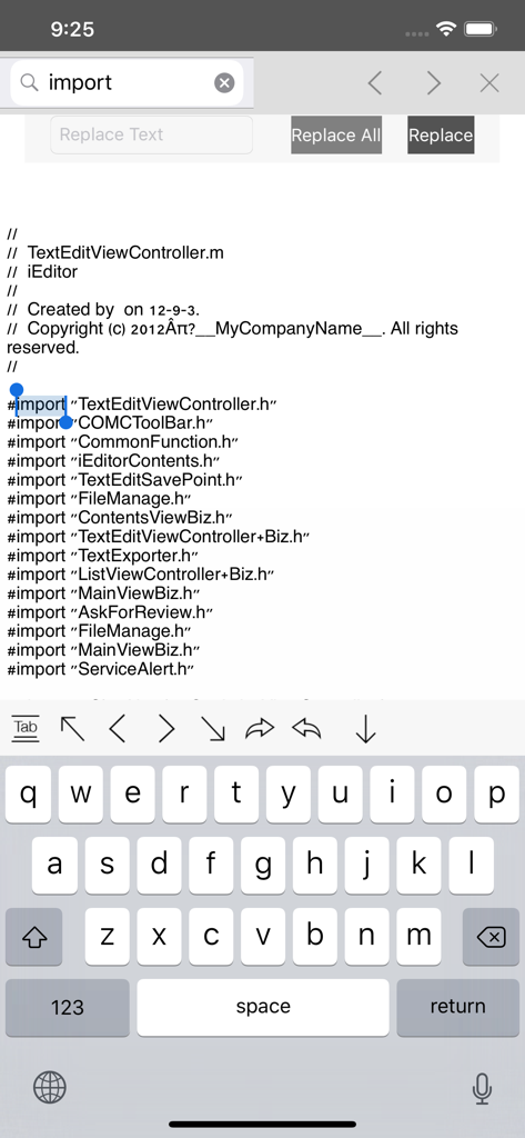 iEditor Pro – Text Code Editor - iEditor Pro code editor interface showing search and replace functionality on a mobile device