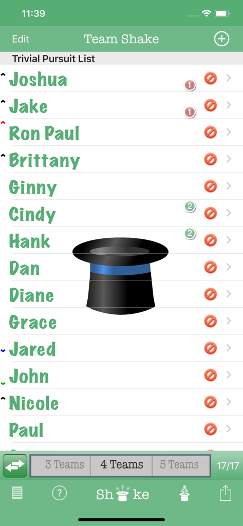 Team Shake - Main screen of Team Shake app showing a list of names and a virtual hat icon for random team generation.