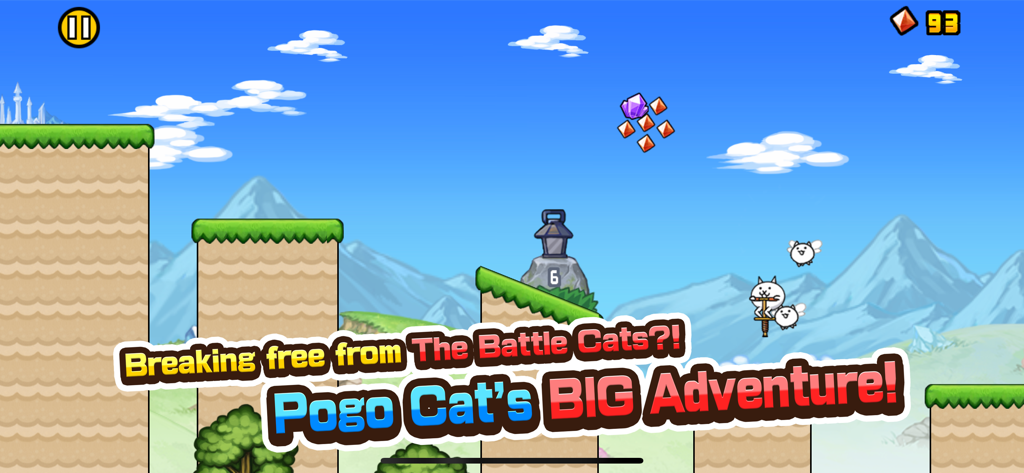 Un personaje gato saltando en un palo de pogo por un nivel montañoso en Go! Go! Pogo Cat