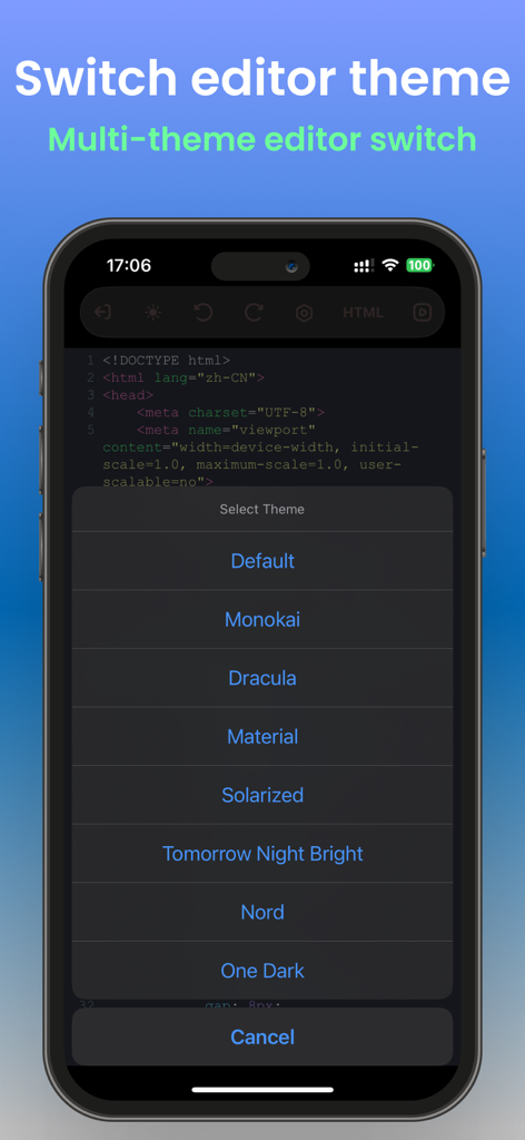 WebPen-HTML Editor & Preview - Pantalla móvil que muestra un menú para seleccionar diferentes temas del editor de código como Monokai y Dracula en la aplicación WebPen.