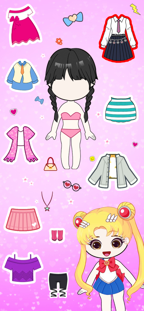 Dress Up Doll Games - Chibi dolls with various fashion outfits and accessories in a dress-up game interface