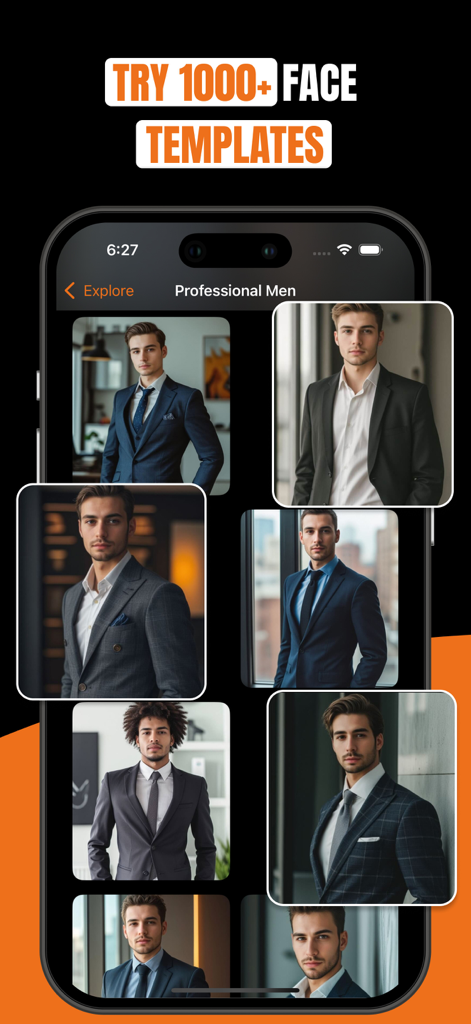 AI Face Swap - Swapli - Pantalla de la aplicación Swapli que presenta una galería de plantillas de trajes profesionales para intercambios de rostros con IA
