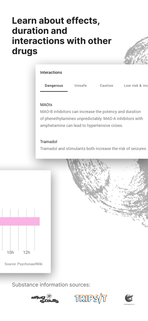 KnowDrugs app interface displaying dangerous drug interaction warnings and substance duration charts