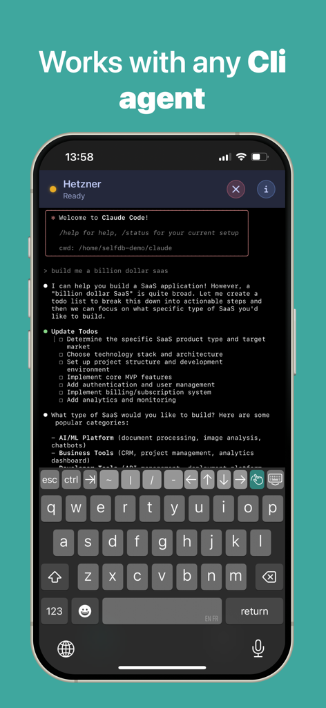 Anubis - SSH Terminal - Anubis SSH Terminal app on iPhone showing a Claude Code CLI session with a developer prompt and response in a terminal interface.