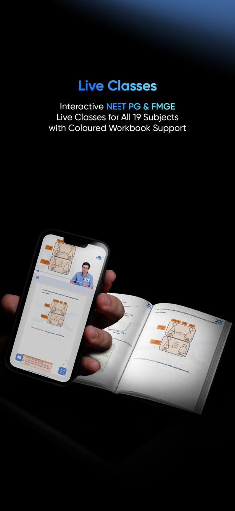 DocTutorials-NEET PG, SS, FMGE - A medical student using the DocTutorials app to watch a live lecture on a smartphone while following along with a printed colored workbook.