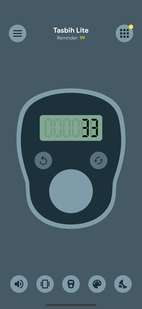 Digital tasbih counter app interface with a counter displaying 33 and minimalist icons for settings and sound.