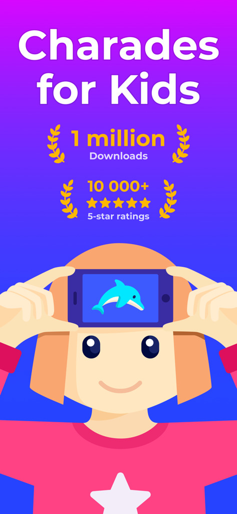 소녀가 게임을 하고 있는 '어린이를 위한 몸으로 말해요 - Guess Up' 프로모션 화면, 앱 통계 100만 다운로드 및 별점 5개 10,000개