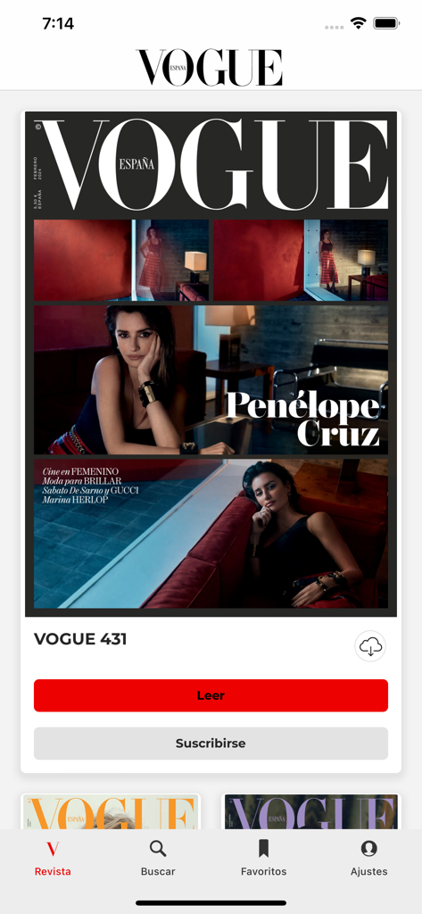 Revista Vogue España - Interfaz de la app Revista Vogue España mostrando la portada de una revista con Penélope Cruz