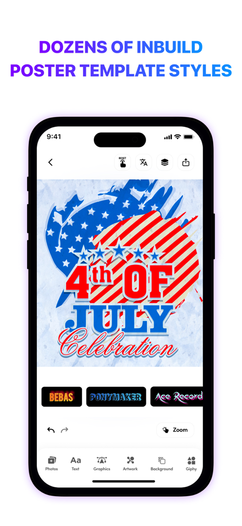 Mobile screen of Poster Maker app displaying an editable 4th of July celebration flyer with various design tools