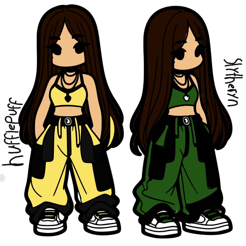 girl in baggy pants crop top and long hair