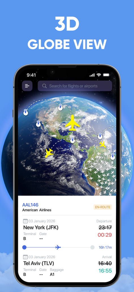 Flight Tracker Airplane Radar - Schermata dello smartphone che mostra un globo 3D con radar aereo in tempo reale e stato del volo per un viaggio American Airlines da New York a Tel Aviv.