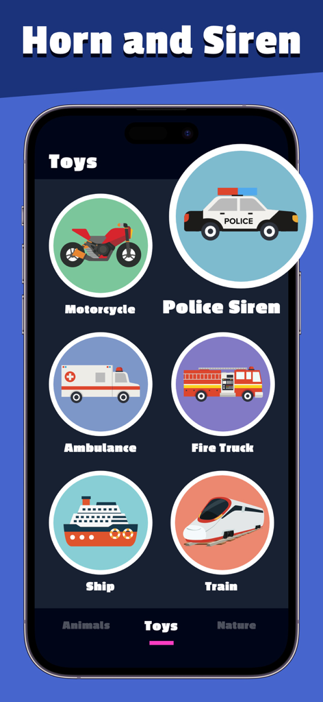 Interface of the Animal Sounds and Noise Maker app showing various vehicle sound icons like police siren, fire truck, and ambulance.
