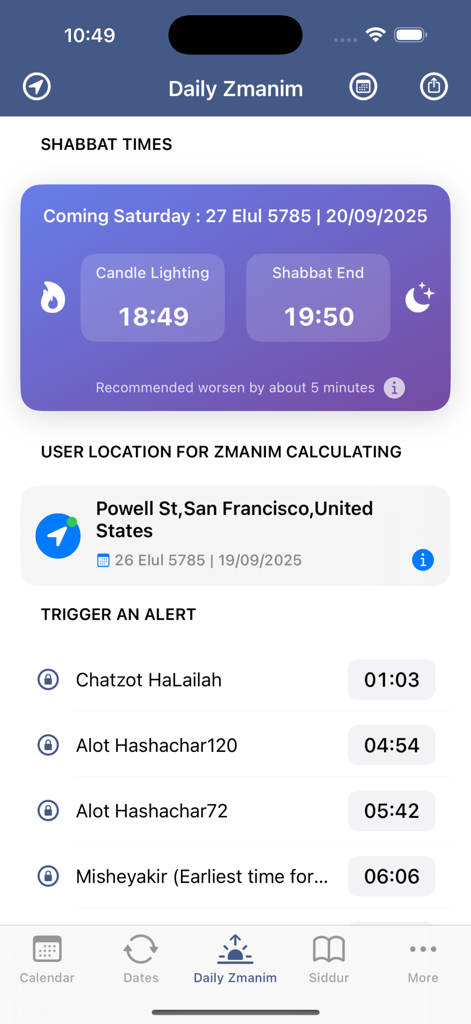 Hebrew Calendar app interface showing Shabbat times and daily Zmanim prayer alerts