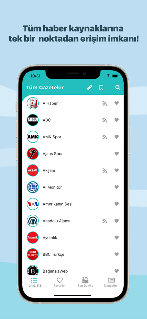 Interface of the Gazeteler TR app showing a list of Turkish news channels and publications