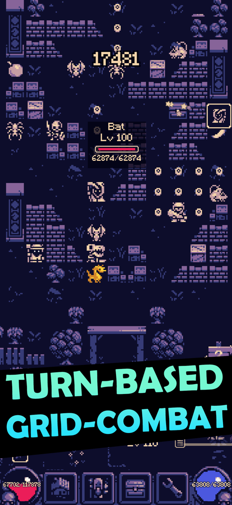 OneBit Adventure - OneBit Adventureのレトロピクセルアートゲームプレイ画面。ダンジョンでのターン制グリッド戦闘が表示されている。