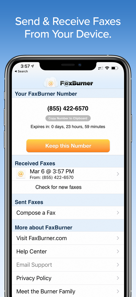 Fax Burner: iPhone Fax App - Interface of the Fax Burner app on iPhone showing a fax number and fax management options