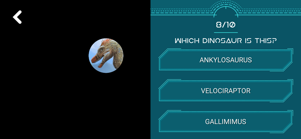 Dinosaur Master! - A dinosaur identification quiz in the Dinosaur Master app showing a feathered Velociraptor and multiple choice options.