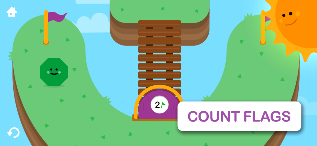 Goodness Shapes Shuffle - Una pantalla de juego de contar para preescolares con una forma verde y banderas