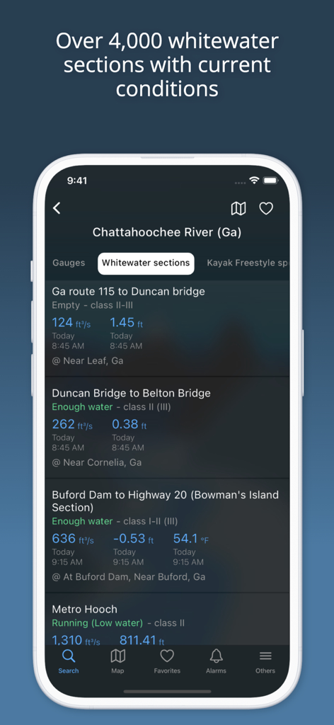 RiverApp mobile interface showing flow rates and navigability for different sections of the Chattahoochee River
