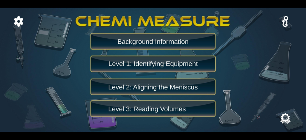Main menu of the ChemiMeasure app showing levels for Identifying Equipment Aligning the Meniscus and Reading Volumes